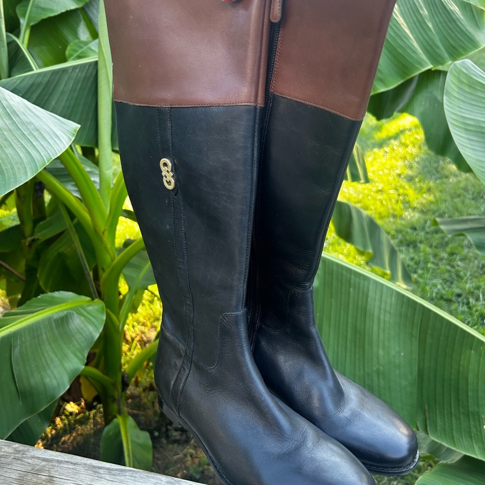 Cole Haan Leather Black And Brown Knee High Riding Boots Size 6.5B